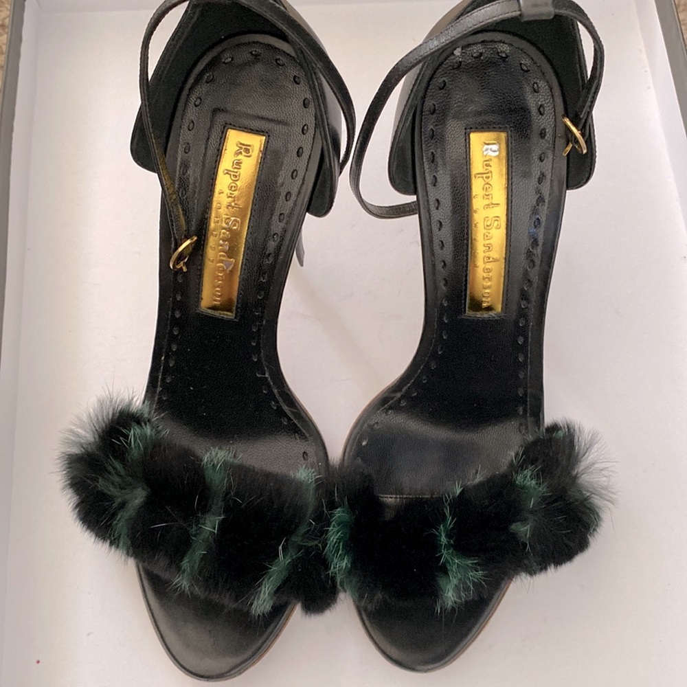 Rupert Sanderson black and green feather detail strap